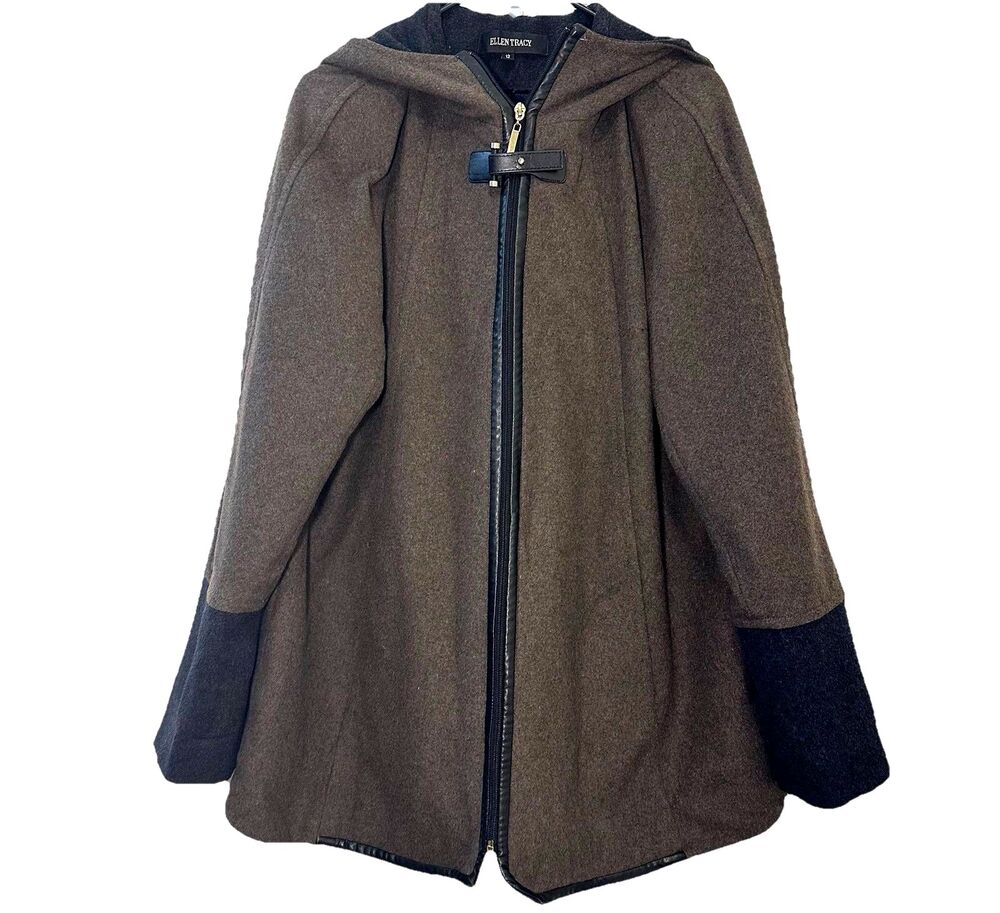 Ellen Tracy Wool Blend Hooded Coat Size 12 Brown Zip Front Faux Leather Trim